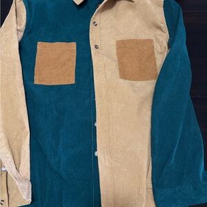 Two-Tone Corduroy Button-Up Shirt — Teal and Tan